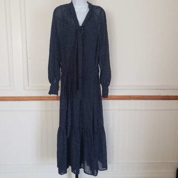 SOLD Michael Kors Womens Dress Large Polka Dot Georgette Tie-Neck Navy Poet Slv - Picture 3 of 12